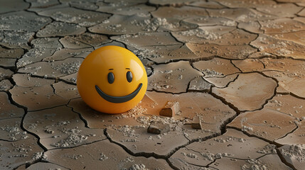 A minimalist 3D  of a single yellow ecstatic emoji on a cracked earth texture background.