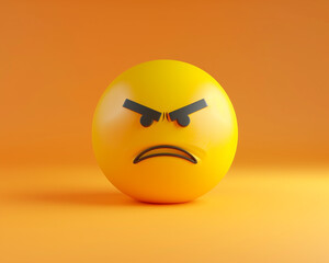 A minimalist 3D  of a single yellow angry emoji on a solid orange background.