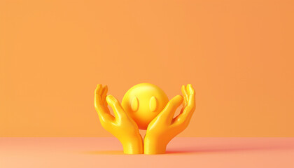 A minimalist 3D  of a single yellow hands holding emoji with hands, on a solid pastel orange background.