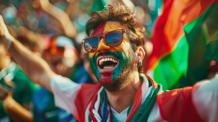 Euphoric Italian soccer fan celebrates with vibrant face paint, embracing team spirit and camaraderie at a lively stadium