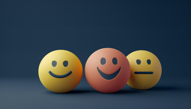 A minimalist 3D  of three emojis: a yellow zealous, a mustard optimistic, and a light coral flirty emoji, all on a solid navy background.