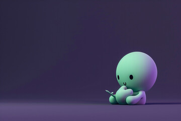A minimalist 3D  of a single mint green emoji writing with hands, on a dark purple background.