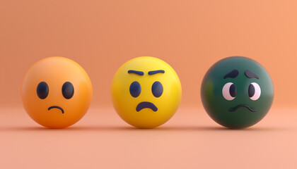 A minimalist 3D  of three emojis: a yellow accepting, a navy bewildered, and a forest green cautious emoji, all on a solid peach background.