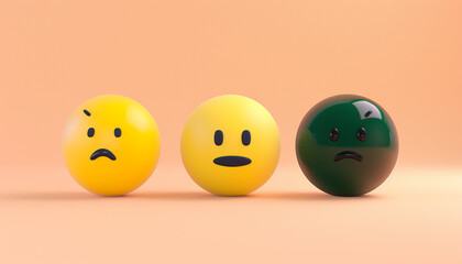 A minimalist 3D  of three emojis: a yellow accepting, a navy bewildered, and a forest green cautious emoji, all on a solid peach background.