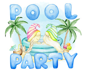 A couple of funny gnome in an inflatable pool, palm sand, drinks, text pool party. Watercolor summer clipart on an isolated background.