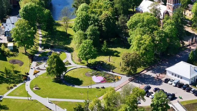Aerial 4K video drone footage of Birstonas city wich is located on the shore of Nemunas river in Lithuania. It's a small SPA resort with natural mineral waters.