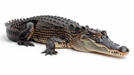 Naklejka premium Close up of cheerful and amusing crocodile with a smile on plain white background