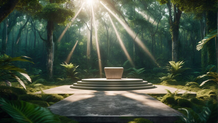 Product podium made of concrete in forest. Highly detailed and realistic illustration