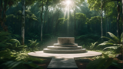 Product podium made of concrete in forest. Highly detailed and realistic illustration