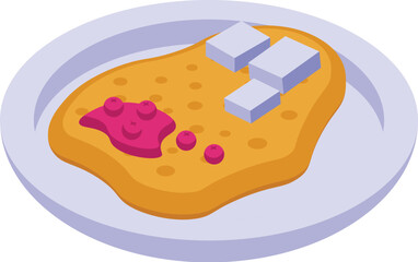 Vibrant and creative isometric pancake breakfast illustration with syrup, butter, and berries on a plate, isolated on a colorful design, perfect for culinary, cuisine, and foodrelated projects
