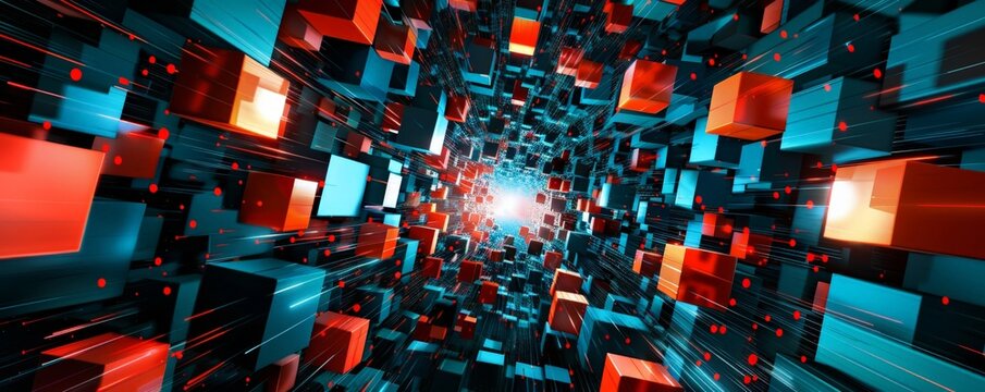 Futuristic Digital Data Stream Cyberspace with Floating Red and Blue Cubes