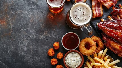 Cold beer with foam, fries, onion rings, fried wings, ribs and bacon. Beer and food concept on dark stone background. Restaurant advertising, menu, banner.
