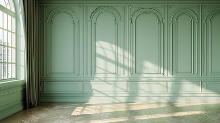 Frontal view of a pastel green wall in a luxury apartment, highlighting upscale living