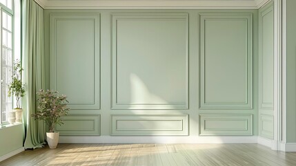 Frontal view of a pastel green wall in a luxury apartment, highlighting upscale living