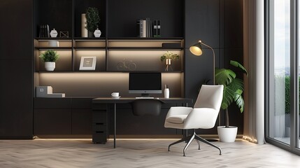 Bureau à domicile contemporain avec chaise en cuir blanc, bureau en métal noir et étagères murales minimalistes