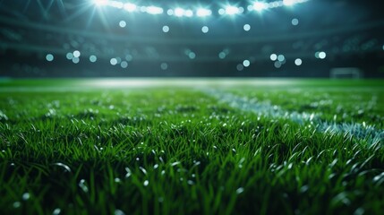 Green grass macro in sports arena with lights background. Close up of soccer field lines....