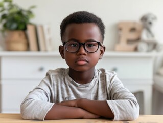 Thoughtful Young African American Boy With Glasses Sitting at Table - Powered by Adobe