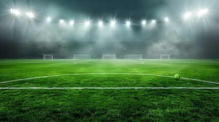 Obraz premium green soccer field under the glow of spotlights, the background of the winners