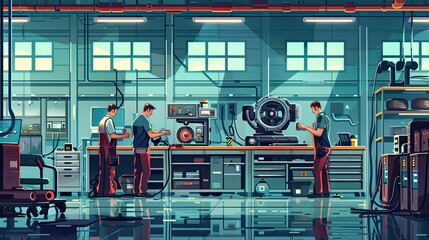 Naklejka premium A group of men are working in a factory. Scene is serious and focused
