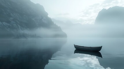 A tranquil mountain lake shrouded in mist, with a solitary rowboat drifting silently across its...