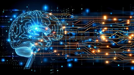 Exploration of artificial intelligence, machine learning, neural networks, and other modern technologies, symbolized by a brain with a printed circuit board design.