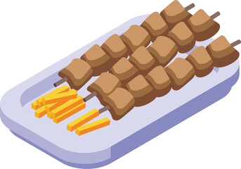 Digital isometric design of grilled kebabs and french fries on a platter, perfect for foodrelated graphics