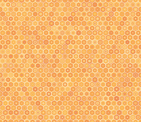 Honeycomb mosaic pattern. Bold rounded stacked hexagons mosaic pattern. Orange color tones. Hexagon shapes. Tileable pattern. Seamless vector illustration.