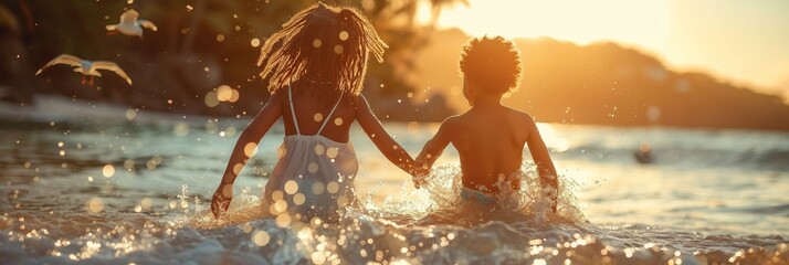 African siblings enjoy vacation, splashing in the ocean, embodying childhood freedom and happiness.