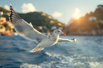 Fototapeta premium A seagull gracefully soars over the vast ocean, embodying freedom against a bright, sunny backdrop.