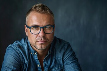 Obraz premium Handsome Adult Man with Blue Glasses and Denim Shirt Against Dark Background
