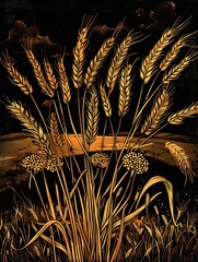 Fototapeta premium Golden Wheat and Wildflowers Silhouetted Against a Dark Sky, Nature's Beauty in Art. Perfect for Decor or Stock. AI