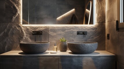 Salle de bain épurée avec double vasque en pierre grise, miroir sans cadre et éclairage indirect