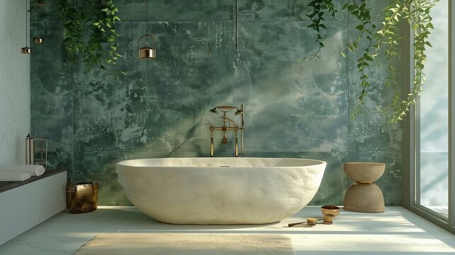 Salle de bain avec baignoire en pierre blanche, murs en carrelage vert et accessoires en cuivre