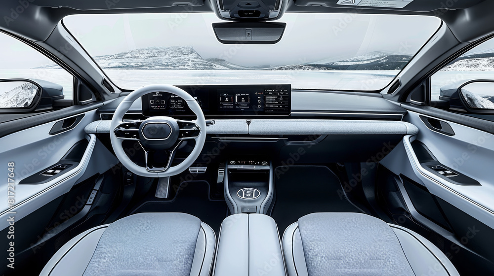 Poster the interior of the car is designed, cleanly, with a large screen in the center of the dashboard, a 