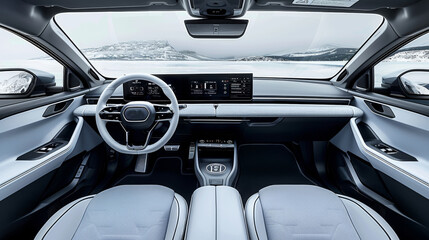 The interior of the car is designed, cleanly, with a large screen in the center of the dashboard, a...