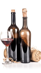 Vintage retro old wine bottle with glasses, white background isolate. AI generated.