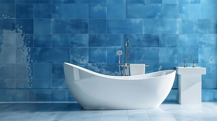 Salle de bain luxueuse avec baignoire autoportante blanche, murs en carrelage bleu et accessoires en chrome