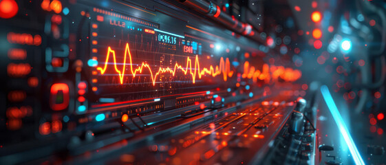 Fototapeta premium Steady rhythm of a heartbeat in a clinical setting, focus on the heart monitor, health theme, futuristic, Silhouette, with hospital equipment as backdrop