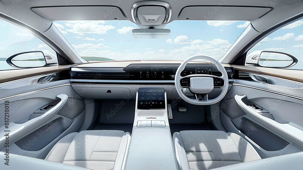 Poster the interior of the car is designed, cleanly, with a large screen in the center of the dashboard, a 