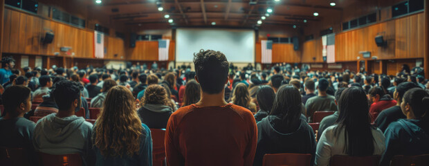 United States presidential election crowded polling station with diverse group of voters, American flags prominently displayed