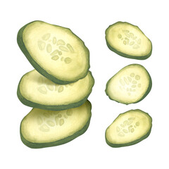 Falling slices of green cucumber. Watercolor illustration of a fresh vegetable. Antioxidant. Flying sliced cucumbers. For background design, recipe, restaurant menu, dish