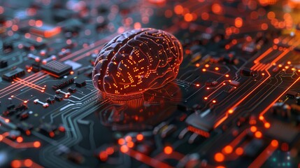Exploration of artificial intelligence, machine learning, neural networks, and other modern technologies, symbolized by a brain with a printed circuit board design.