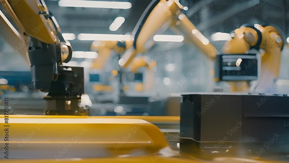 Poster factory with multiple robots working generative ai
