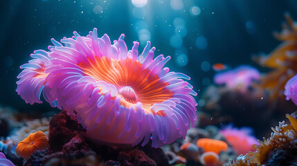 Utilize a marine life theme to depict the defensive mechanisms of sea anemones, emphasizing selective focus and their protective role for symbiotic partners