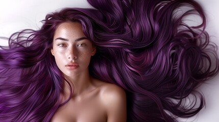 Obraz premium A beautiful caucasian woman showcasing long, smooth, and shiny purple hair, advertising for hair dye products, hair care, white solid color background, copy space.
