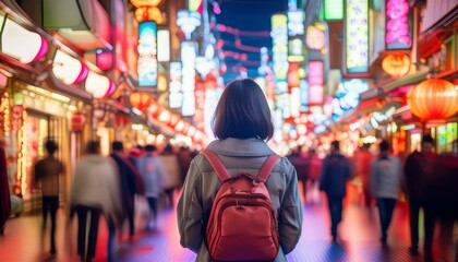 Lost in a Sea of Neon: A City Traveler Explores a modern city in the night. Vibrant Streets - Generative AI