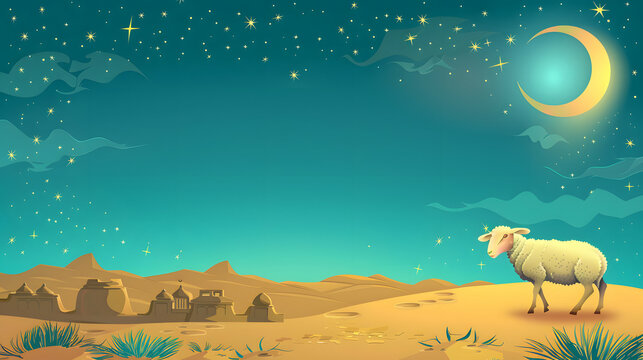 Eid-al-Adha vector illustration with crescent and desrt background with lamb and copy space.