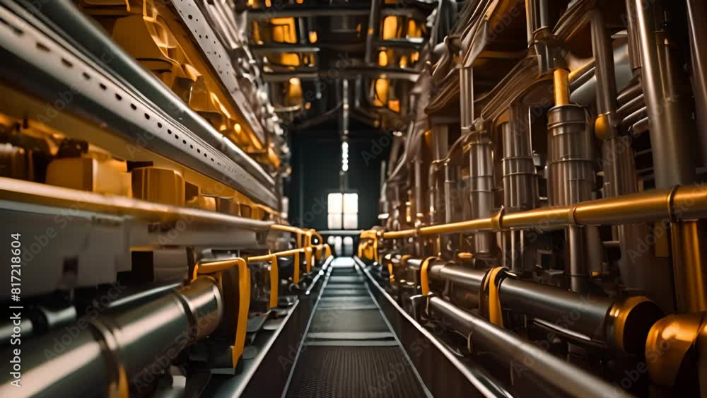 Poster assembly line of pipes in factory generative ai