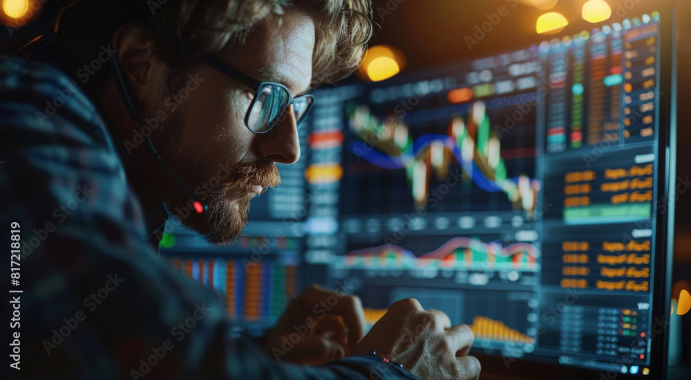 Fototapete a trade market data check is carried out using a mobile phone and laptop by an investor. an investor