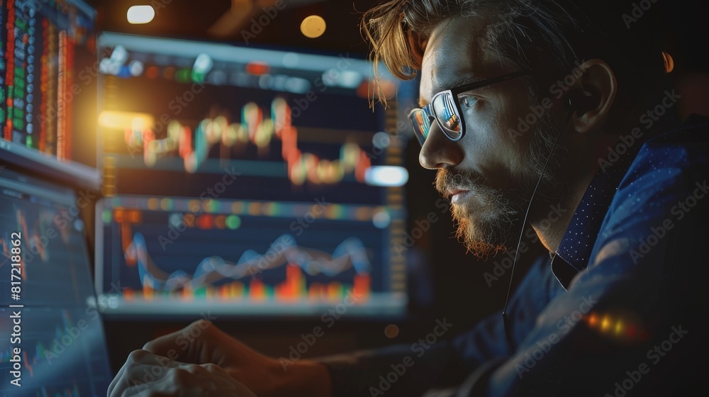 Poster a trade market data check is carried out using a mobile phone and laptop by an investor. an investor